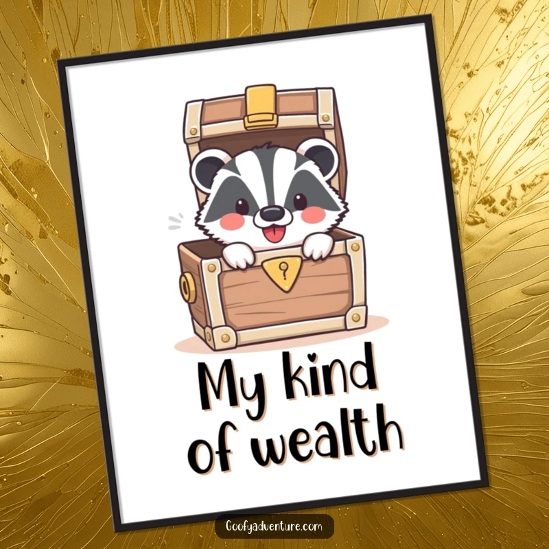Funny poster print of a smiling badger popping out of a treasure chest overflowing with gold, jewels, and coins.