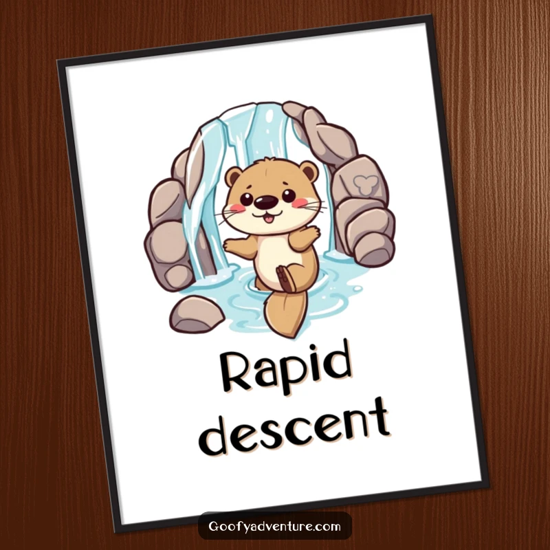 Funny poster showcasing a playful otter sliding down a waterfall entrance, capturing the thrill and joy of aquatic adventure.
