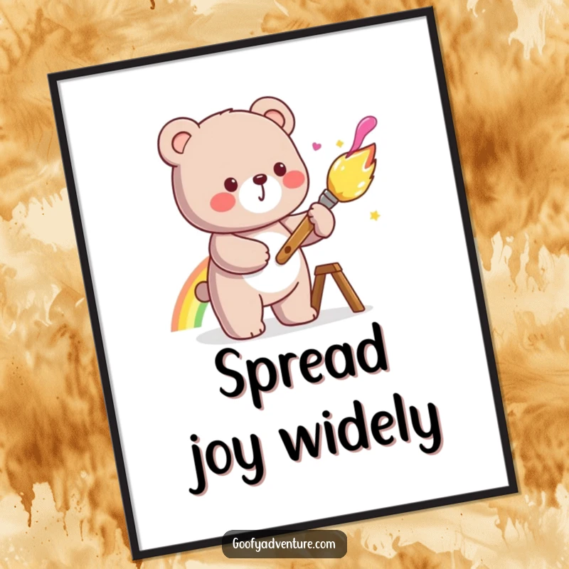 Funny kawaii bear character painting a vibrant rainbow with a giant, cheerful paintbrush, presented as vibrant wall art.