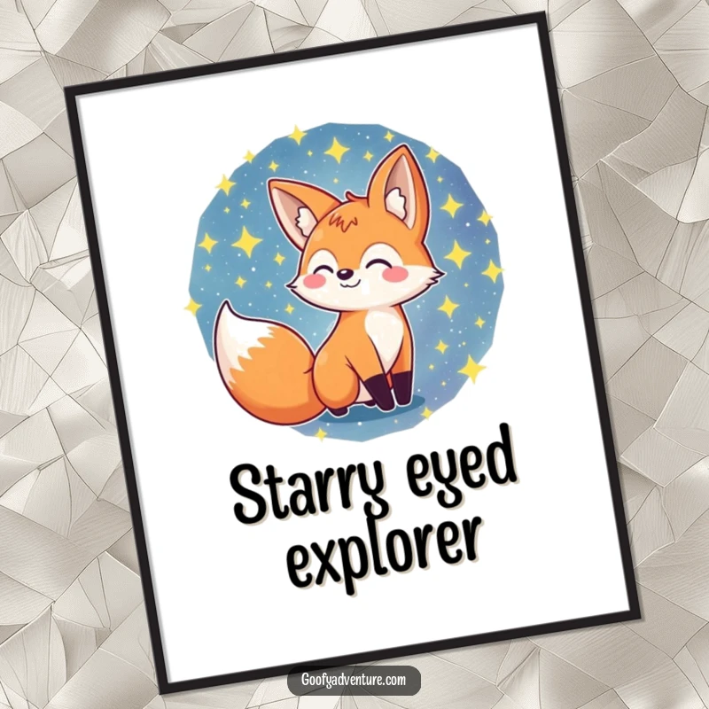 Funny fox character gazing into a swirling galaxy of stars, depicted as a captivating poster, inspiring wonder, funny gift.