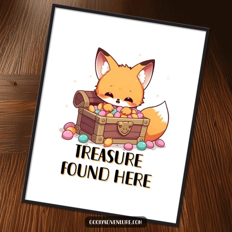 Funny Kawaii fox candy treasure poster, discovering a hidden chest filled with sparkling candy, a sweet and humorous artwork.