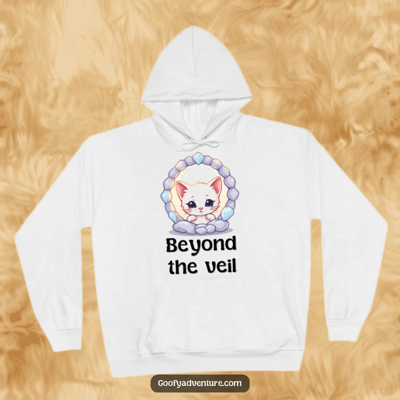 Funny kitten character looking into a glowing, swirling portal on a hoodie, designed for warmth and imaginative adventures.