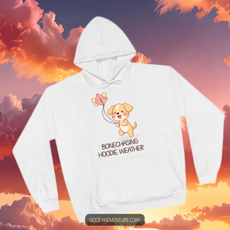 Funny puppy character flying a giant bone kite, offering warmth and humor in this comfortable, hilarious hoodie.