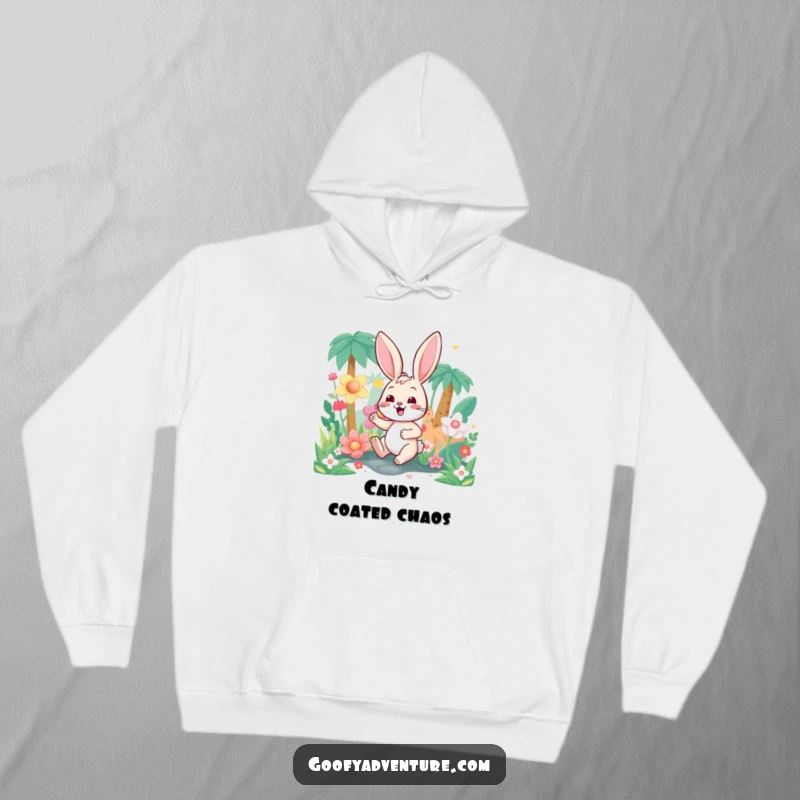 Funny bunny character exploring a candy-colored jungle, depicted on a warm hoodie, inviting cozy, imaginative adventures.
