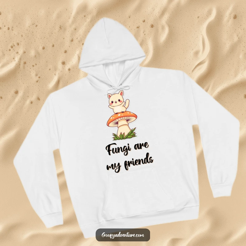 Funny kawaii animal character leaping over a whimsical, oversized mushroom, featured on a comfortable and warm hoodie.