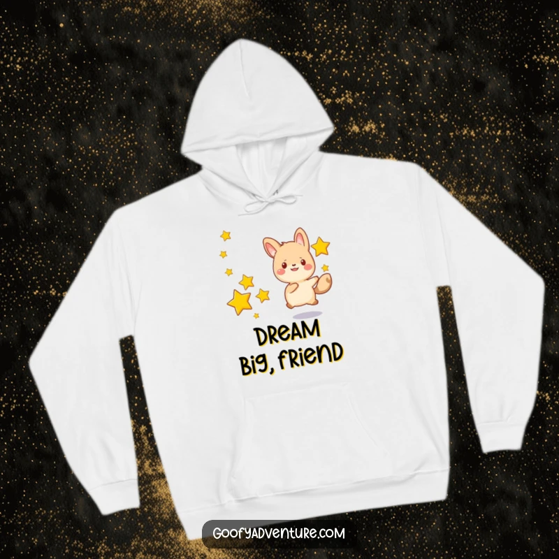 Funny kawaii animal character happily chasing after a series of drifting stars, a warm and humorous hoodie design.