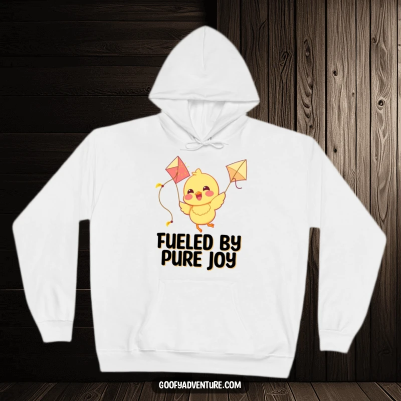 Funny Chick Hoodie: A joyous chick flies with a kite made of sunshine, embodying ultimate happiness and carefree fun.
