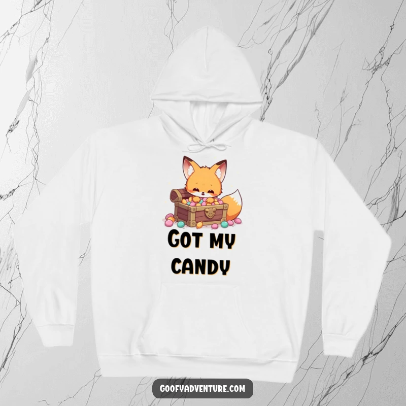 Funny Kawaii fox treasure hoodie, discovering a hidden treasure chest overflowing with sparkling candy, cozy and sweet.