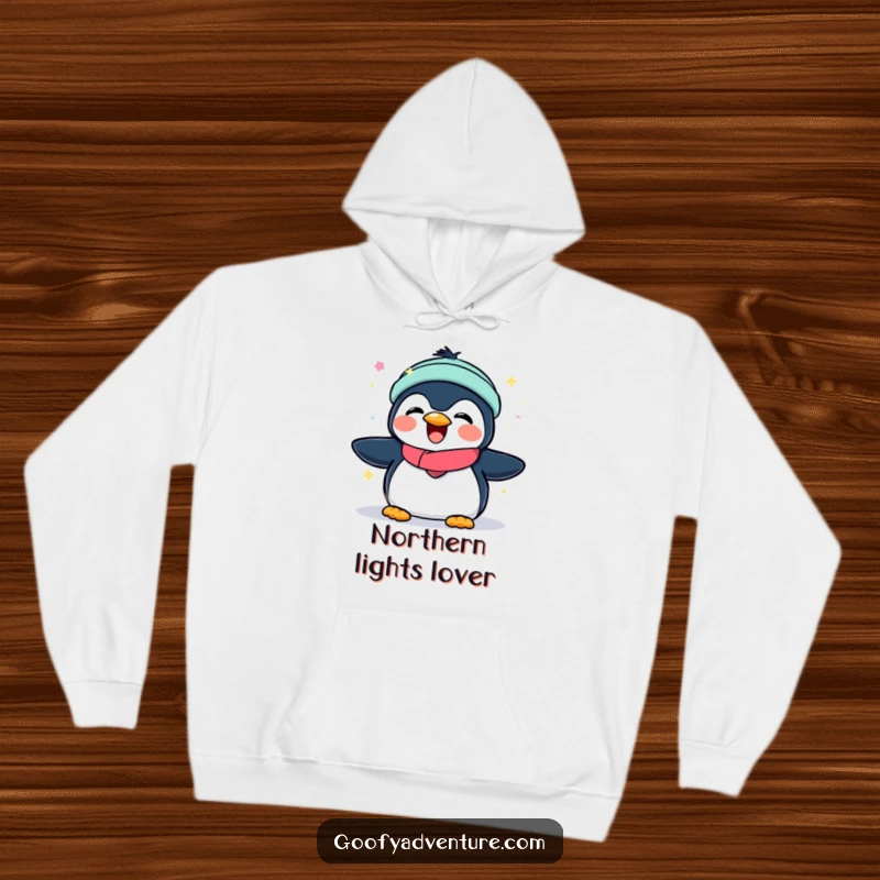 Funny hoodie featuring a cheerful penguin enjoying the spectacle of glowing, magical aurora borealis lights.