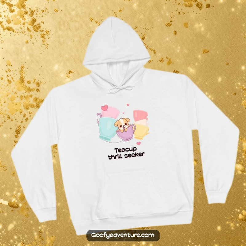 Funny hoodie featuring a giggling puppy ziplining between huge colorful teacups, designed for comfort and whimsical cheer.
