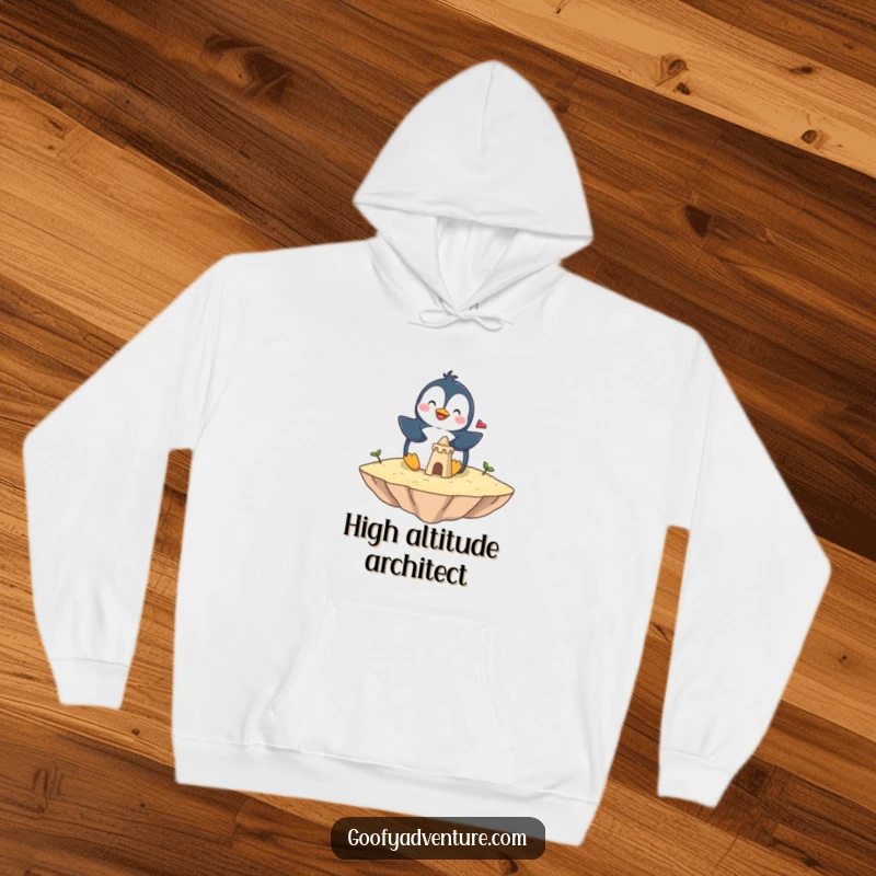 Funny penguin hoodie with a giggling penguin constructing a sandcastle on a scenic floating cloud island. Cozy and humorous.