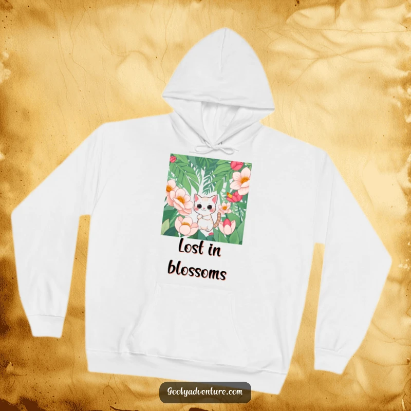 Funny hoodie featuring a curious cat character exploring a lush jungle of giant flowers, offering warmth and a sense of adventure.