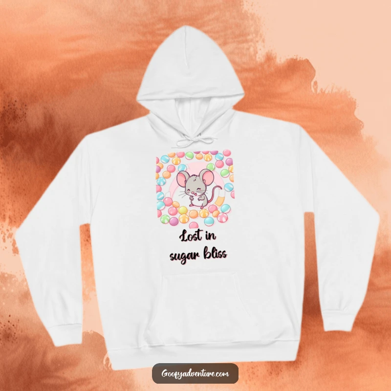 Funny hoodie featuring a giggling mouse adventuring through a vibrant maze made of tempting candies.