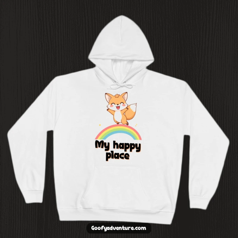 Funny fox rainbow leap hoodie showing a happy fox joyfully leaping over a vibrant, multi-colored rainbow.