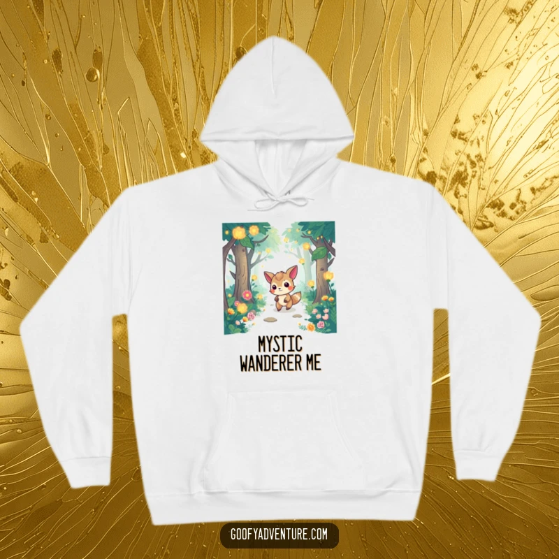 Funny hoodie depicting a determined animal character navigating a whimsical forest filled with glowing plants, offering warmth and magic.