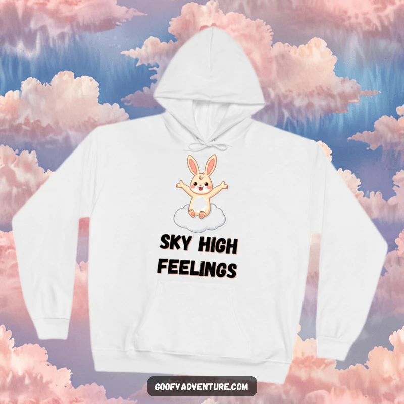 Funny rabbit flying cloud hoodie showing a cheerful rabbit with arms spread wide, soaring on a fluffy cloud.