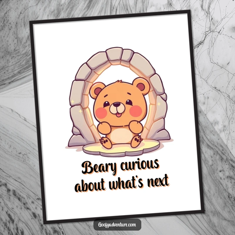Funny Free Printable Wall Art: Curious bear peeking into a magical, glowing portal, creating an enchanting atmosphere.
