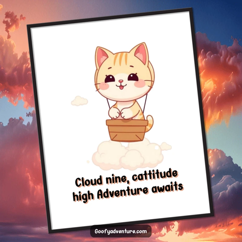Funny Free Printable Cat piloting a hot air balloon over fluffy clouds as whimsical wall art.