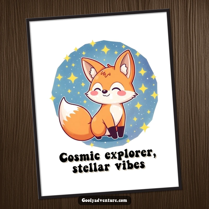 Funny Free Printable Wall Art: A cheerful fox character explores a swirling galaxy of stars, creating a dreamy and whimsical atmosphere.