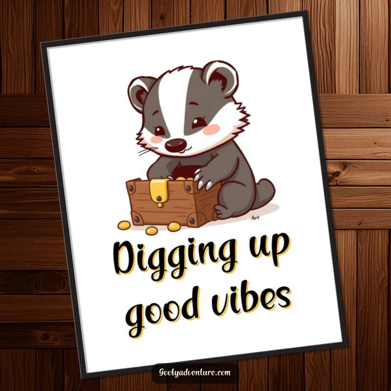 Funny Free Printable Wall Art: A clever badger character is shown discovering a classic wooden treasure chest filled with shiny gold coins.