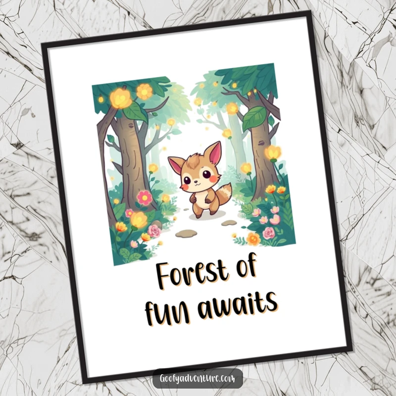 Funny Free Printable Wall Art: Determined animal navigates a whimsical forest alive with glowing flora.