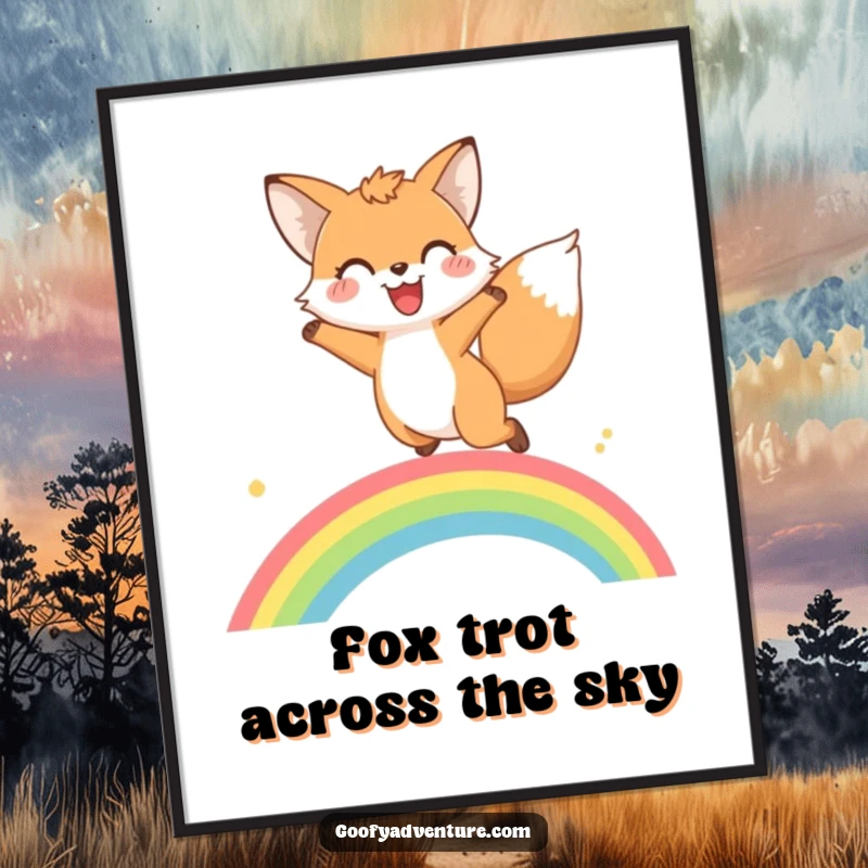 Funny Free Printable Wall Art: A happy fox joyfully leaping high over a bright, vibrant rainbow, a cheerful art piece.