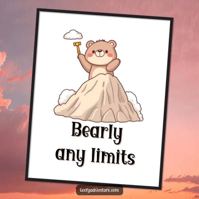 Funny Free Printable Wall Art: Bear character triumphantly ascending a majestic mountain made of soft clouds.