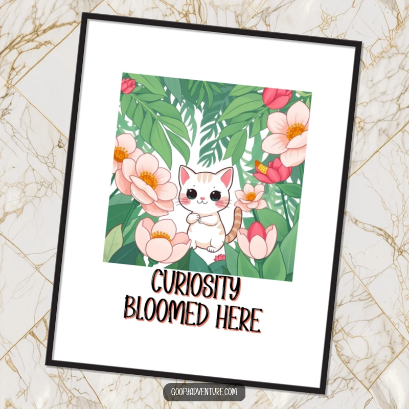 Funny Free Printable Wall Art: Curious cat bravely exploring a dense jungle filled with gigantic, fantastical flowers.