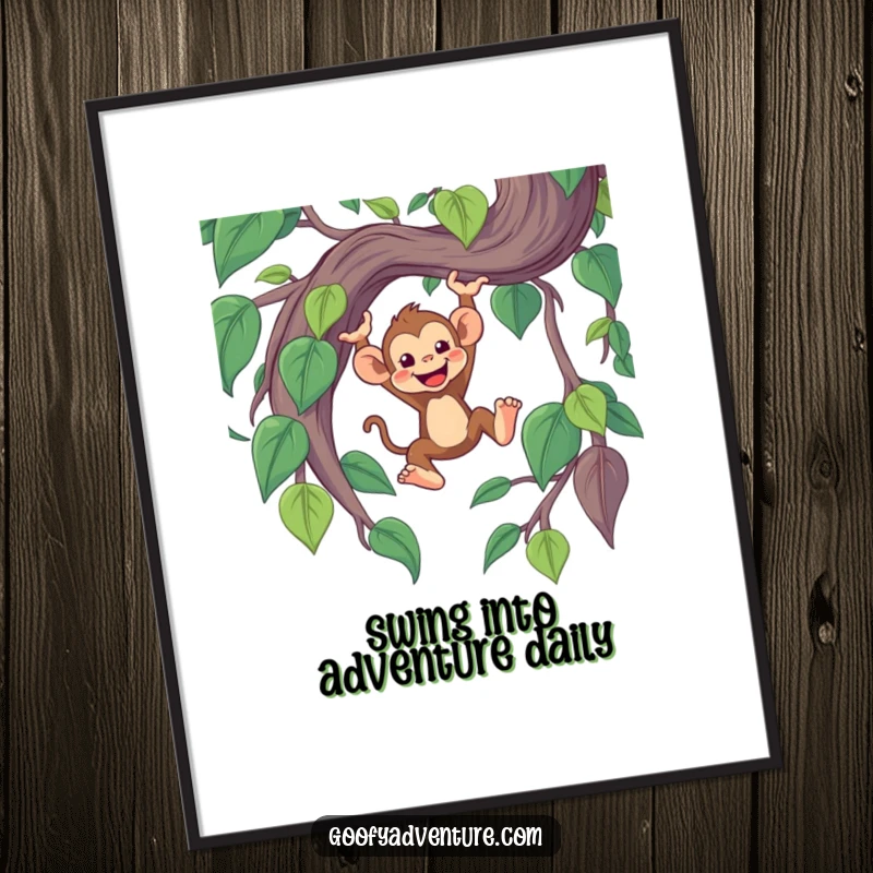 Funny Free Printable Cheerful Monkey Swinging from a Giant Vine Wall Art, jungle theme, playful decor.
