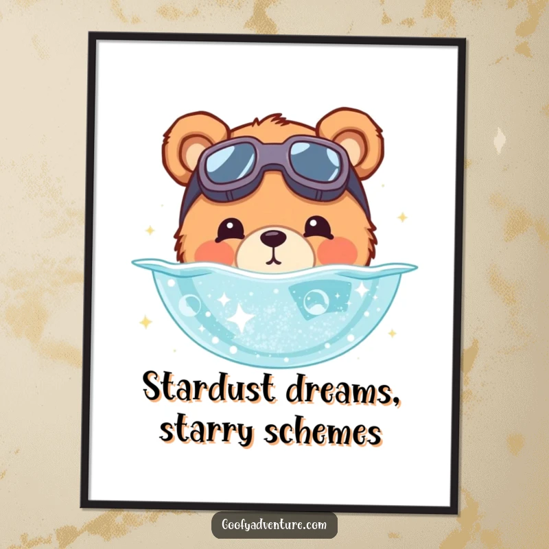 Funny Free Printable Wall Art: Cute bear in goggles diving into a pool of shimmering stardust