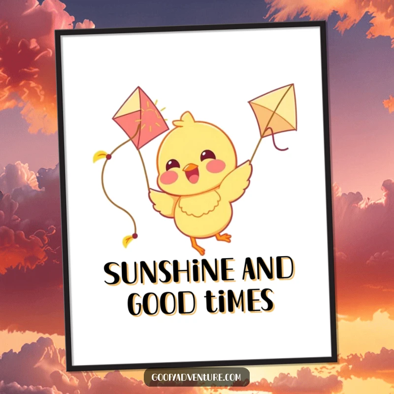 Funny Free Printable Wall Art: A joyous chick character is depicted flying joyfully, holding onto a kite made of radiant sunshine.