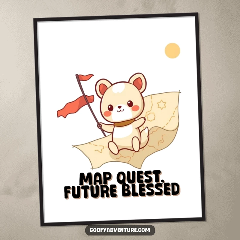 Funny Free Printable Wall Art: A kawaii animal character bravely charting a course on a giant map, a detailed and adventurous masterpiece.