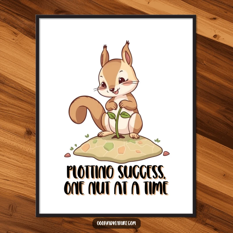 Funny Free Printable Wall Art: Determined squirrel planting map seed, adventure awaits, quirky home decor, downloadable.