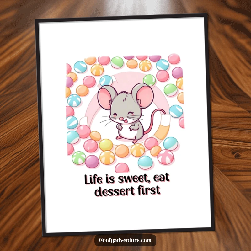 Funny Free Printable Wall Art: Giggling mouse navigating candy maze, whimsical adventure, sweet decor, downloadable.