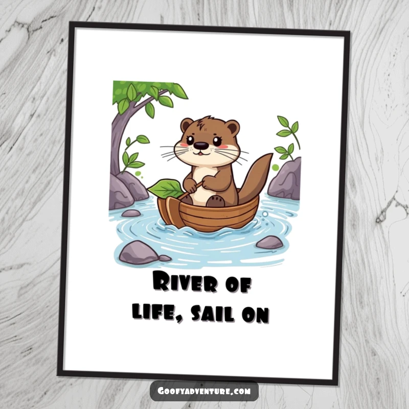Funny Free Printable Wall Art: A determined otter character confidently pilots a leaf boat down a winding river, radiating adventure.