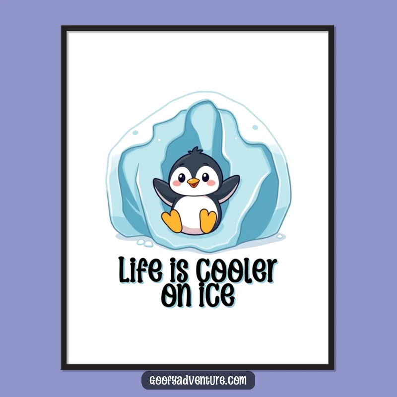 Free Printable Wall Art: Penguin Sliding Glacier Humor Downloadable Art Gift