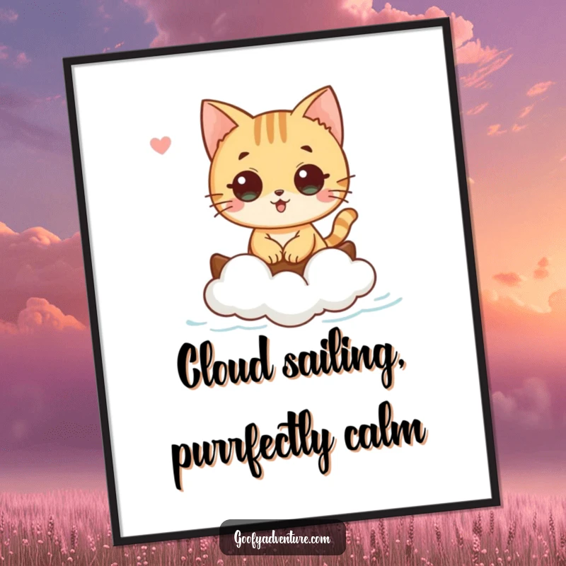 Funny Free Printable Wall Art: A curious cat character sails on a tiny cloud boat, creating a serene and imaginative decorative piece.