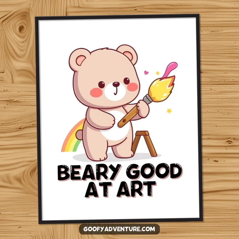 Funny Free Printable Wall Art: A Kawaii bear cheerfully paints a brilliant rainbow with a giant, artistic paintbrush.