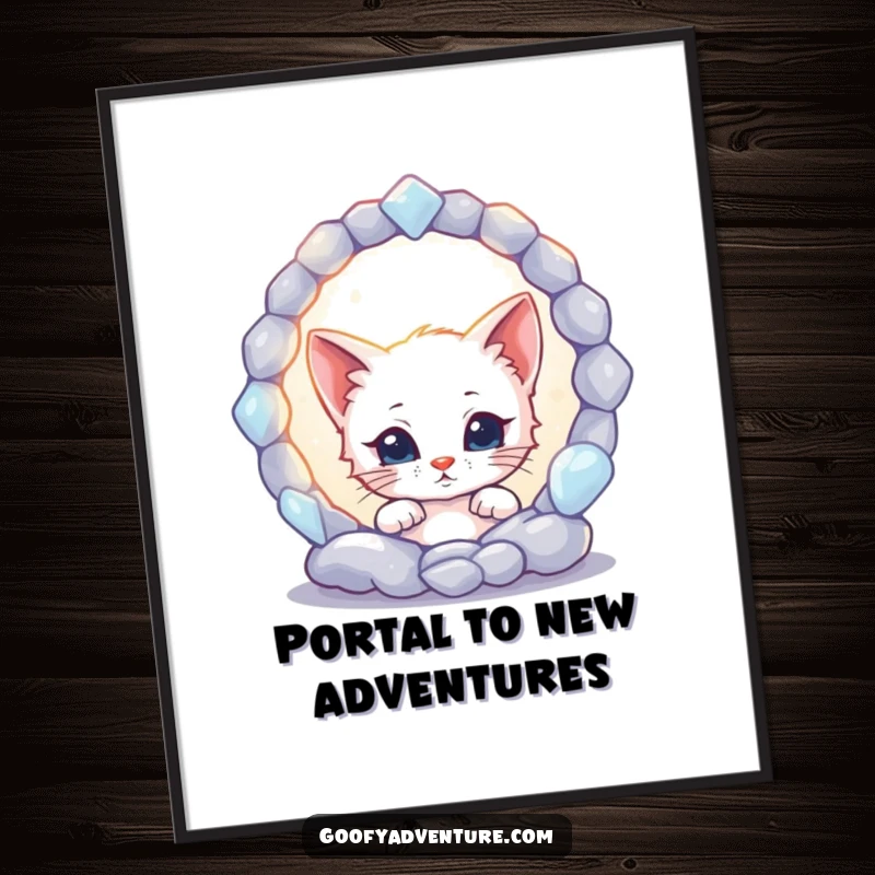 Funny Free Printable Wall Art: Cute kitten with wide eyes peeking into a swirling, cosmic portal, full of mystery.
