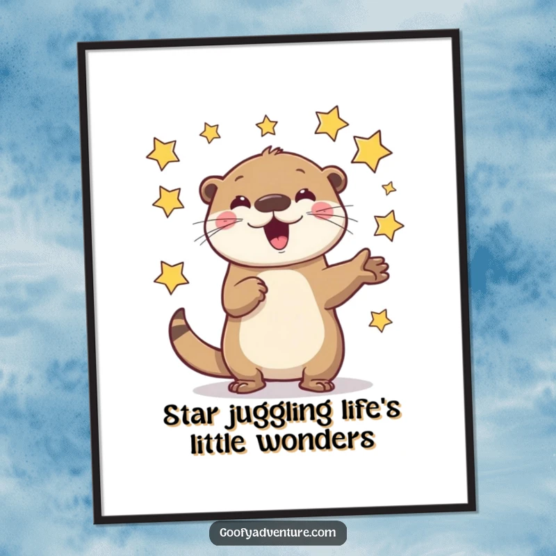 Funny Free Printable Wall Art: Playful otter juggling bright stars with a joyful and energetic expression.