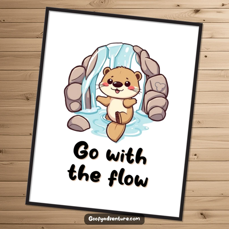 Funny Free Printable Wall Art: Playful otter having a blast sliding down a sparkling waterfall entrance with water splashing.