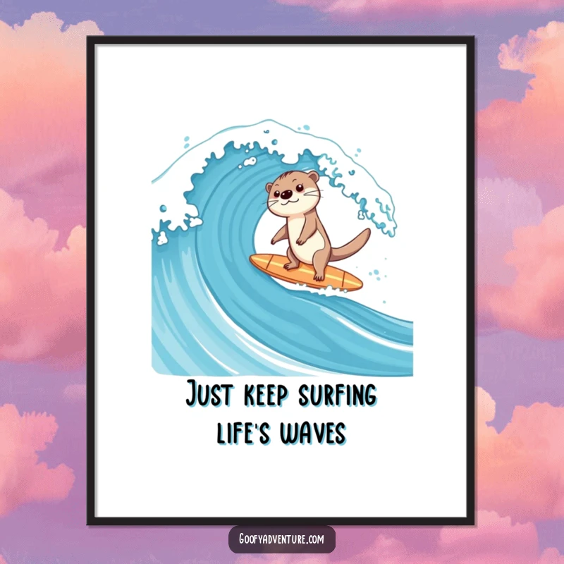Funny Free Printable Otter Surfing a Giant Wave Wall Art, dynamic action shot, coastal decor theme.