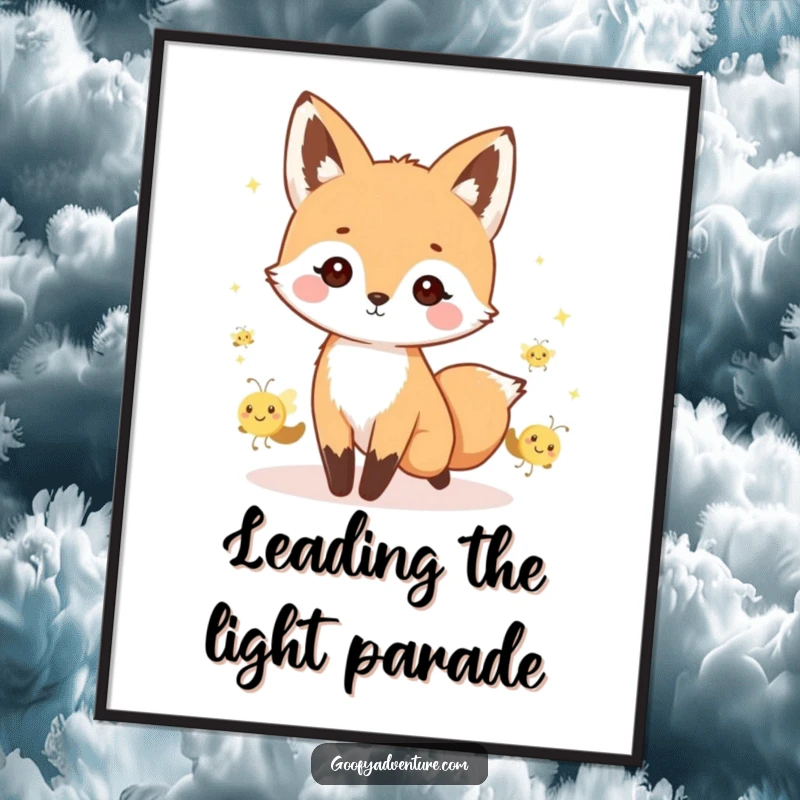 Funny Free Printable Wall Art: A whimsical Kawaii fox leads a mesmerizing parade of tiny, smiling fireflies.
