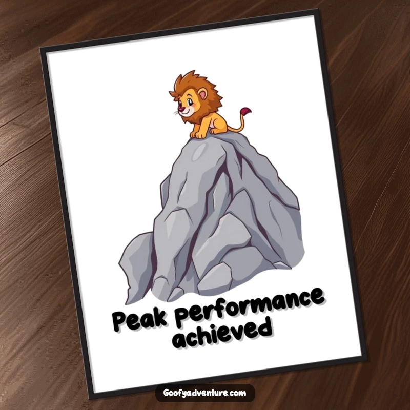 Funny Free Printable Wall Art: Energetic lion character scaling a rocky cartoon mountain, embodying courage and humor.