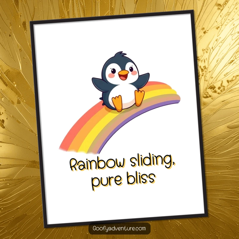 Funny Free Printable Penguin Wall Art: Happy penguin sliding down a giant rainbow, adding colorful, joyful downloadable art.