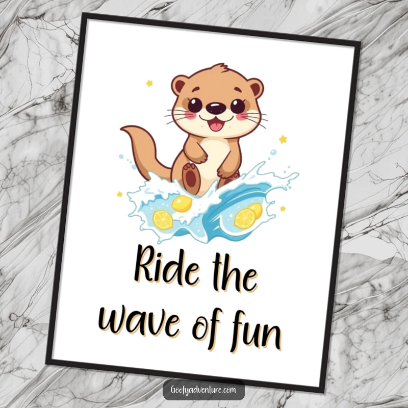 Funny Free Printable Wall Art: Whimsical otter riding a cresting wave of sparkling lemonade, radiating cheer.