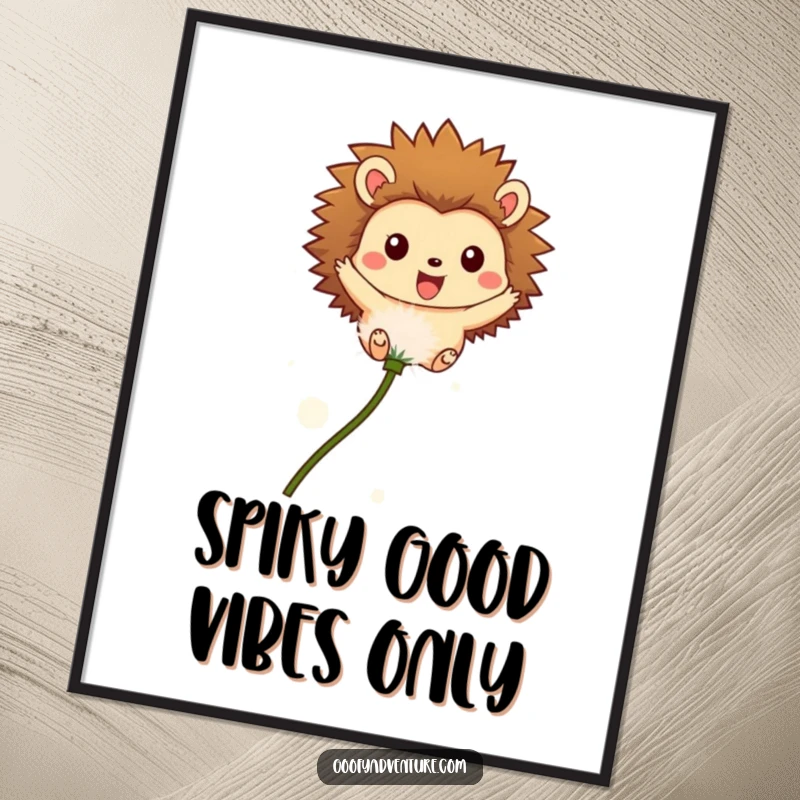 Funny Free Printable Wall Art: Hedgehog gracefully flying on a dandelion seed against a dreamy sky.