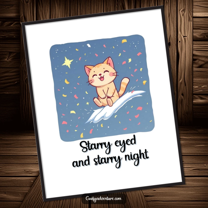 Funny Free Printable Wall Art: Cat heroically riding a confetti wave into a starry night sky