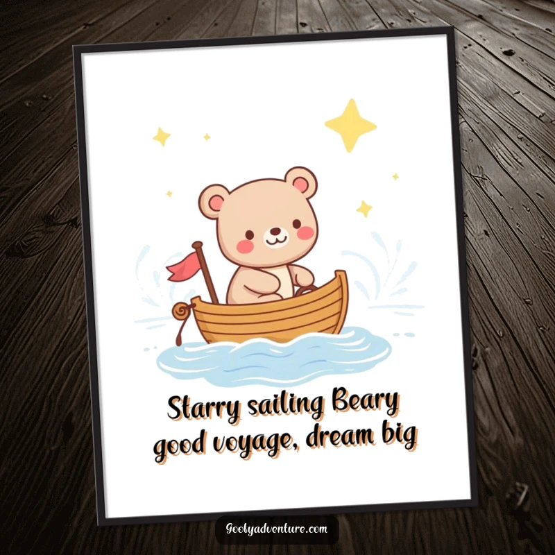 Funny Free Printable Bear sailing a small boat across a starry ocean as serene wall art.