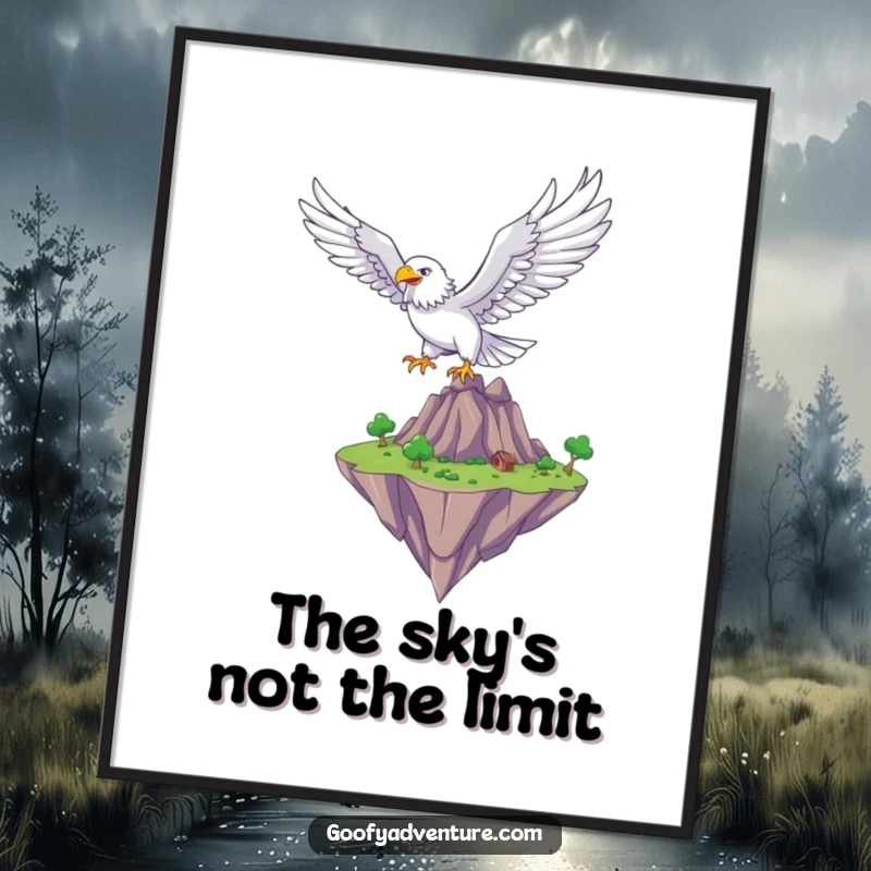 Funny Free Printable Wall Art: Majestic eagle character soaring majestically over a whimsical, fantastical floating island, inspiring wonder.